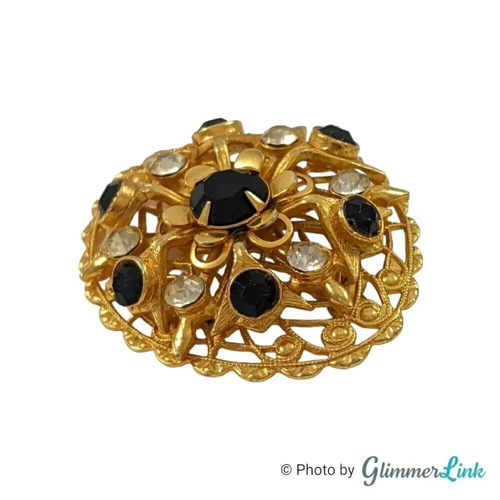 Vintage Oval Ornate Filigree Black Rhinestone Gold Tone Brooch Pin